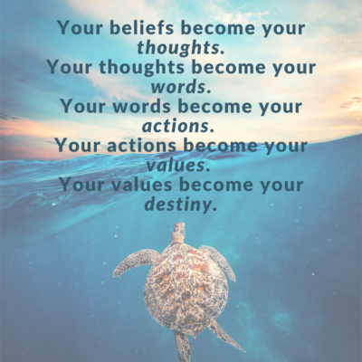 Your beliefs become your thoughts. Your thoughts become your words. Your words become your actions. Your actions become your values. Your values become your destiny.